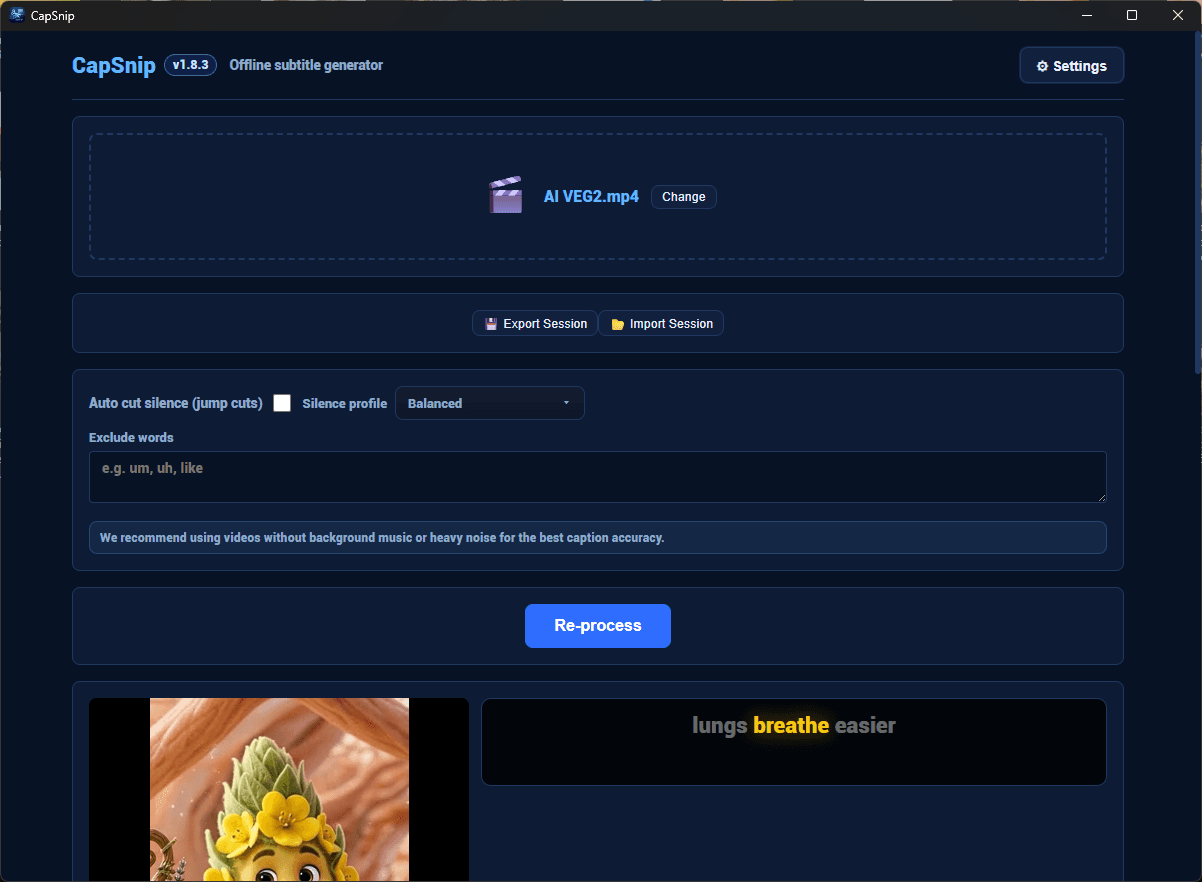 The main window with a video loaded, silence trimming and filler-word exclusion