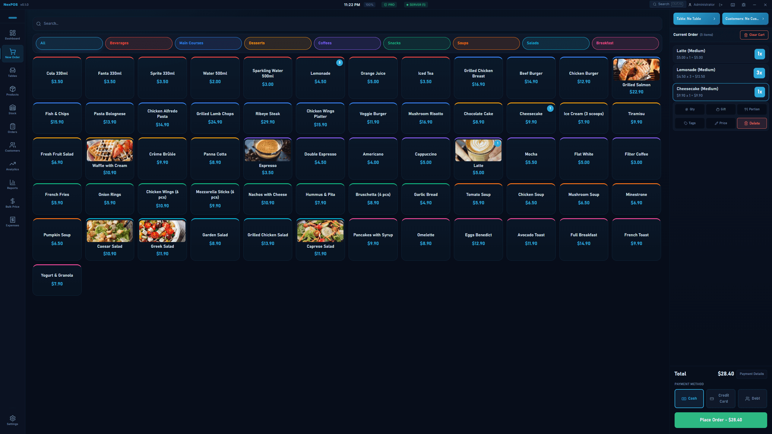 The counter screen: product grid, categories and the running order