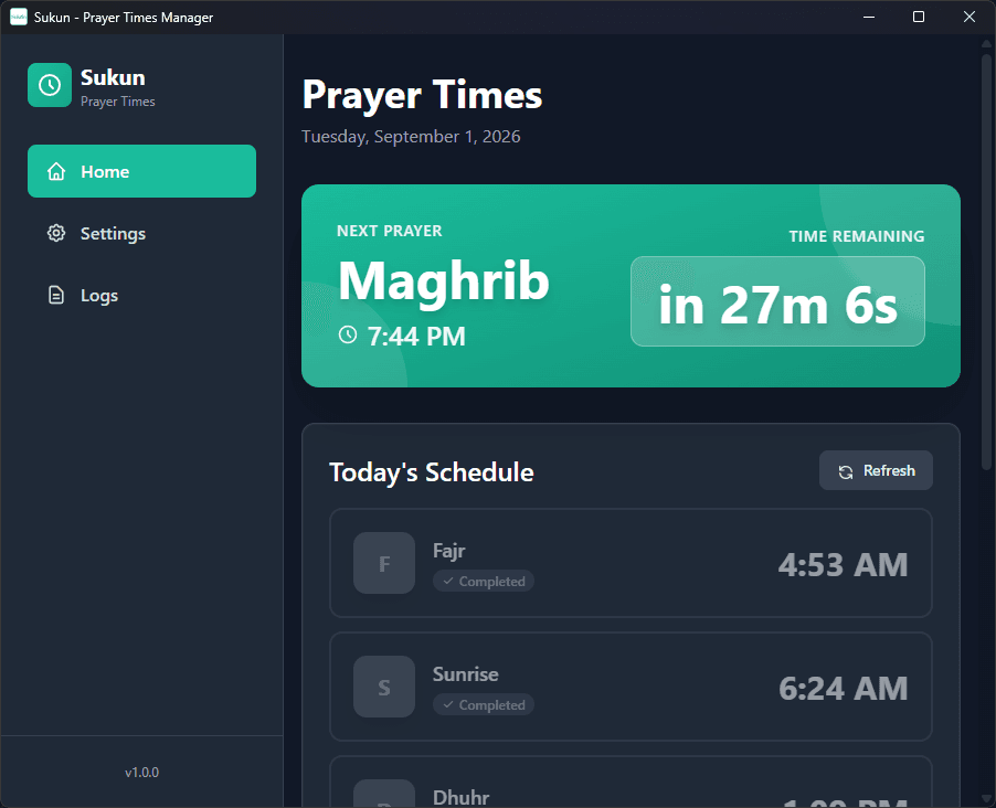 Today's schedule with a live countdown to the next prayer